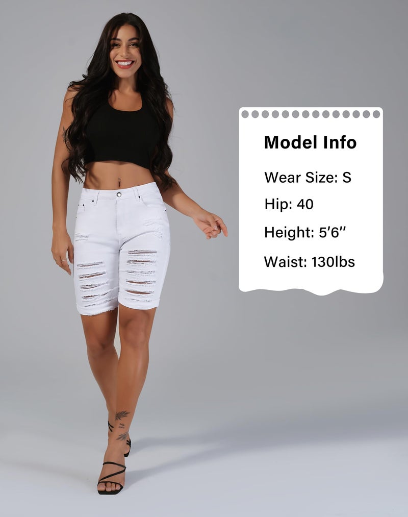 roswear Women's Distressed Ripped Mid Length Rolled Hem Shorts Jeans White M - Image 4
